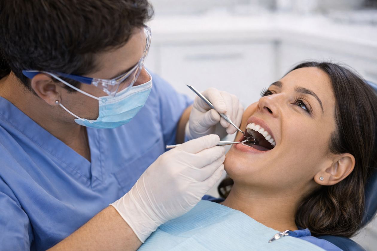 Dentista en una exploración para una posible limpieza dental