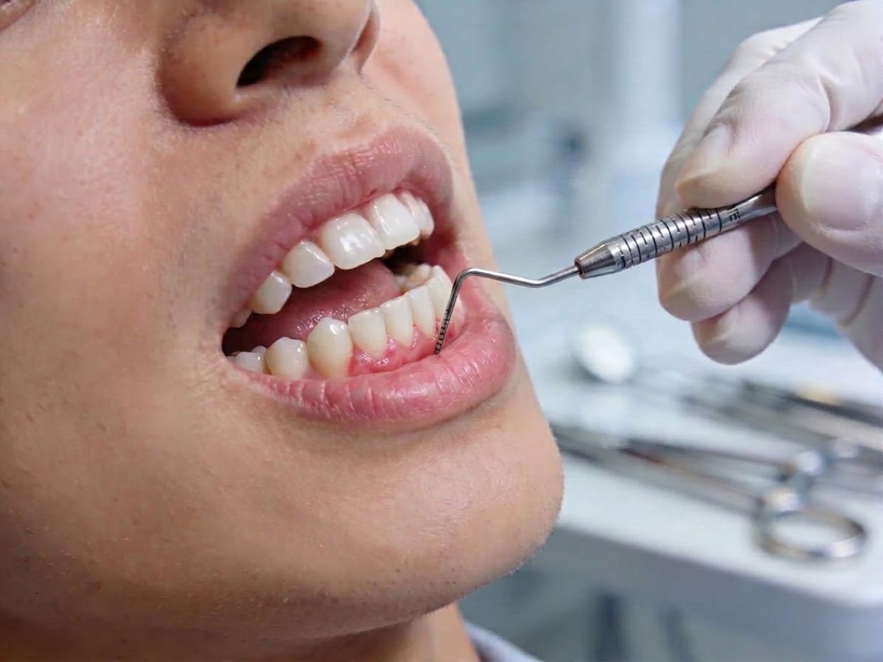 Dentista midiendo bolsas periodontales