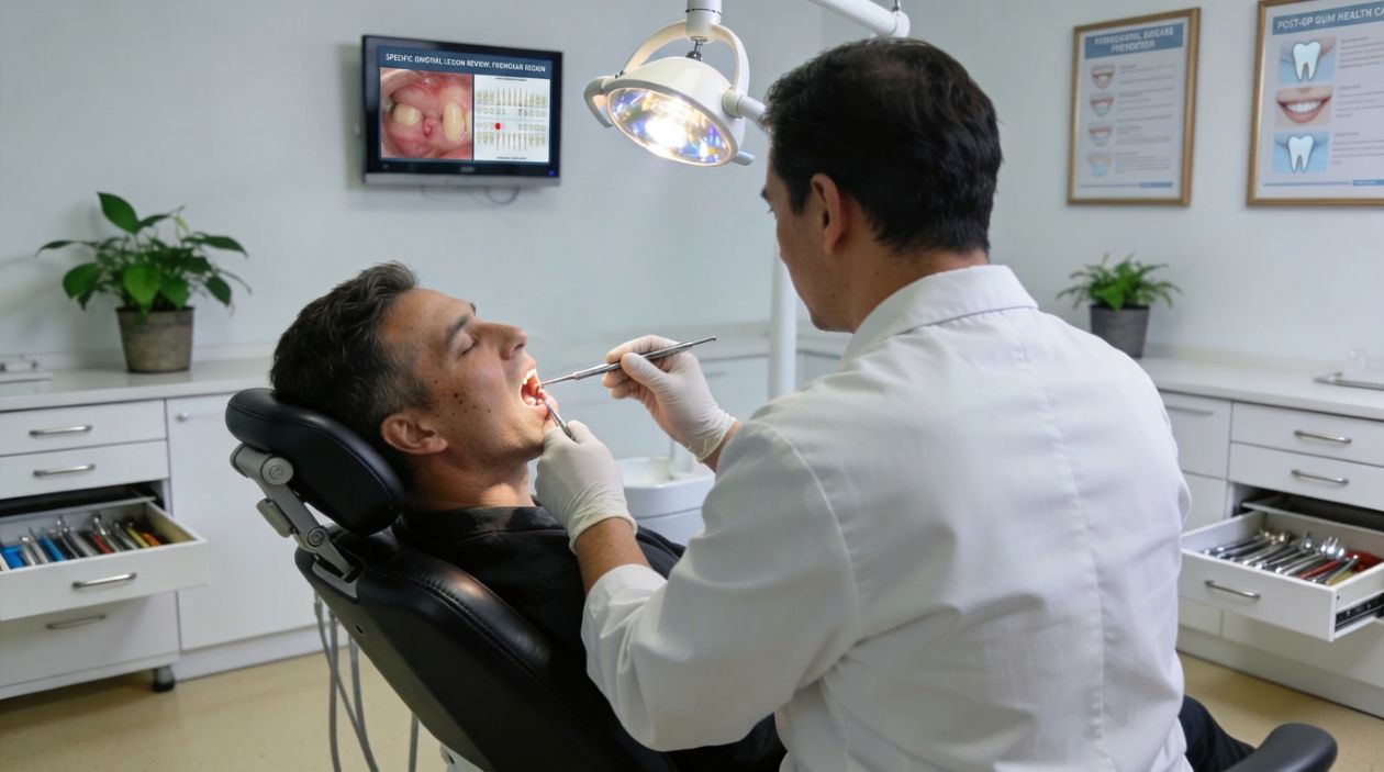 Revisión de una heriida en la encía de un paciente